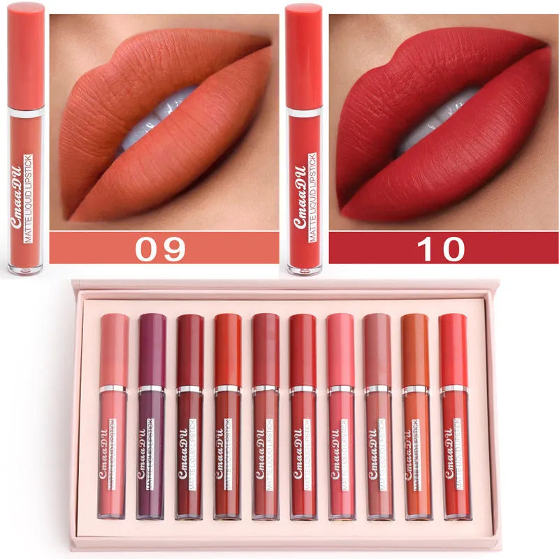 10-piece set of women's matte lipsticks in waterproof non-stick cup formula