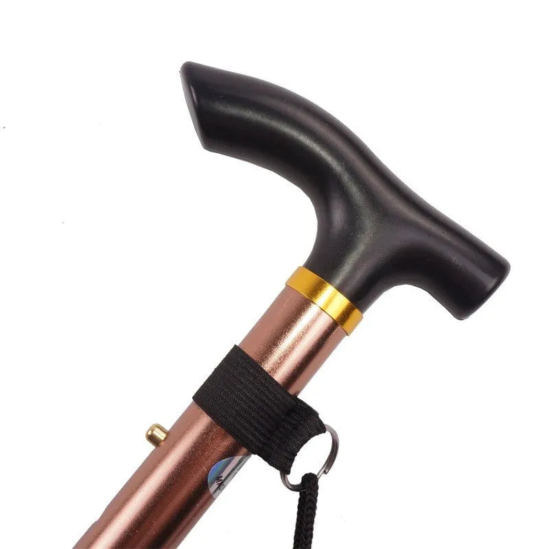 Aluminium alloy folding walking cane extended, showing adjustable sections and non-slip rubber foot.