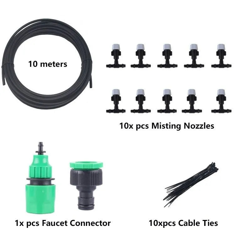 10 metre long garden misting hose with 10 spray nozzles for irrigation and cooling