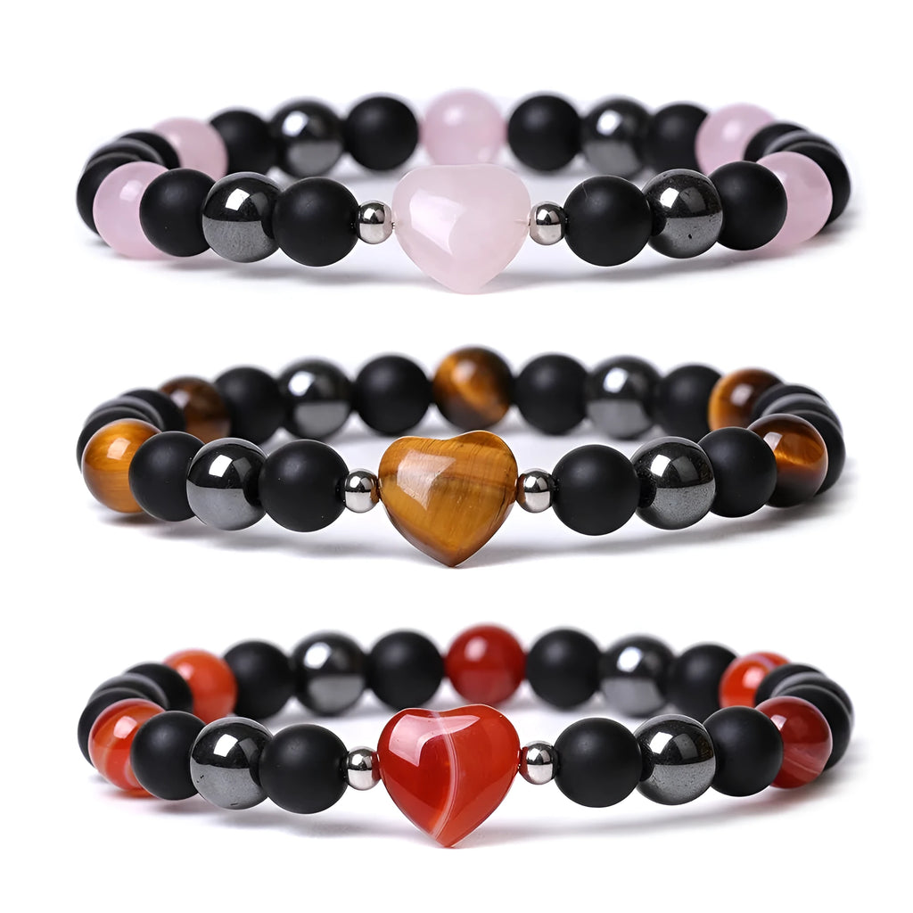 Lvdongling stone bracelet with hand-cut peach heart charm and planetary charms in tigereye colour