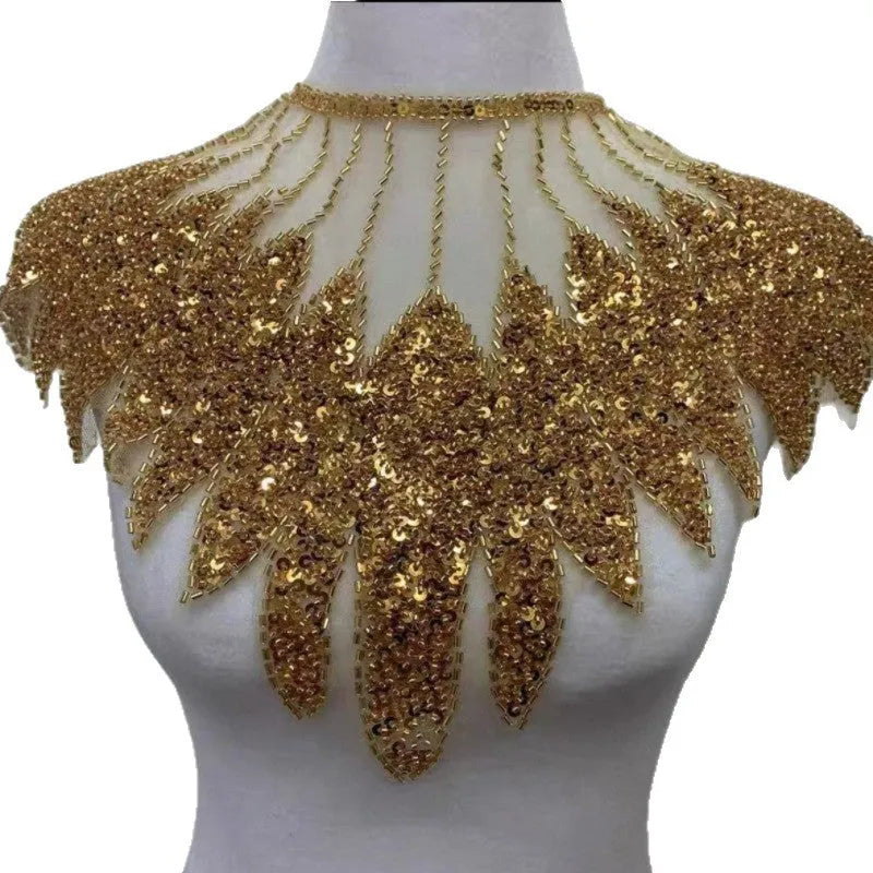 Champagne polyester bridal front and rear shawl draped over shoulders for wedding wear