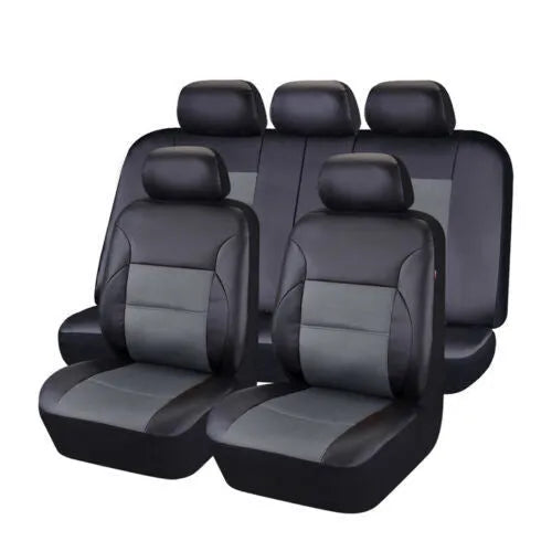 Set of artificial leather car seat covers showing headrest, front seat, and back seat pieces in a choice of colours.