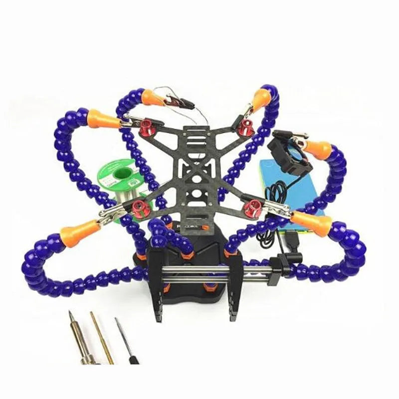 Black aluminium six-claw welding station with multiple adjustable arms for model repair soldering.