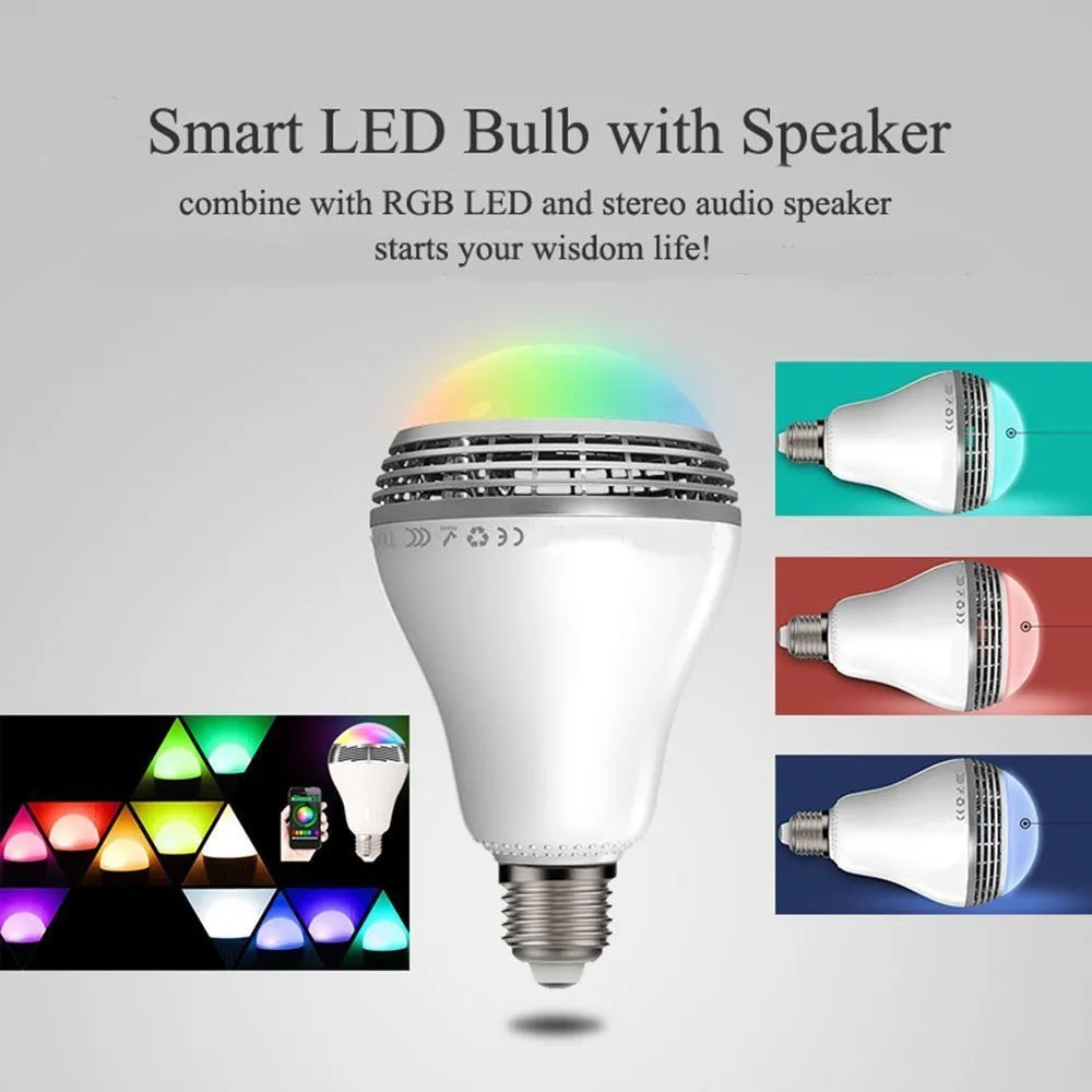 White LED smart bulb with E27 base and integrated Bluetooth speaker for lighting and audio.