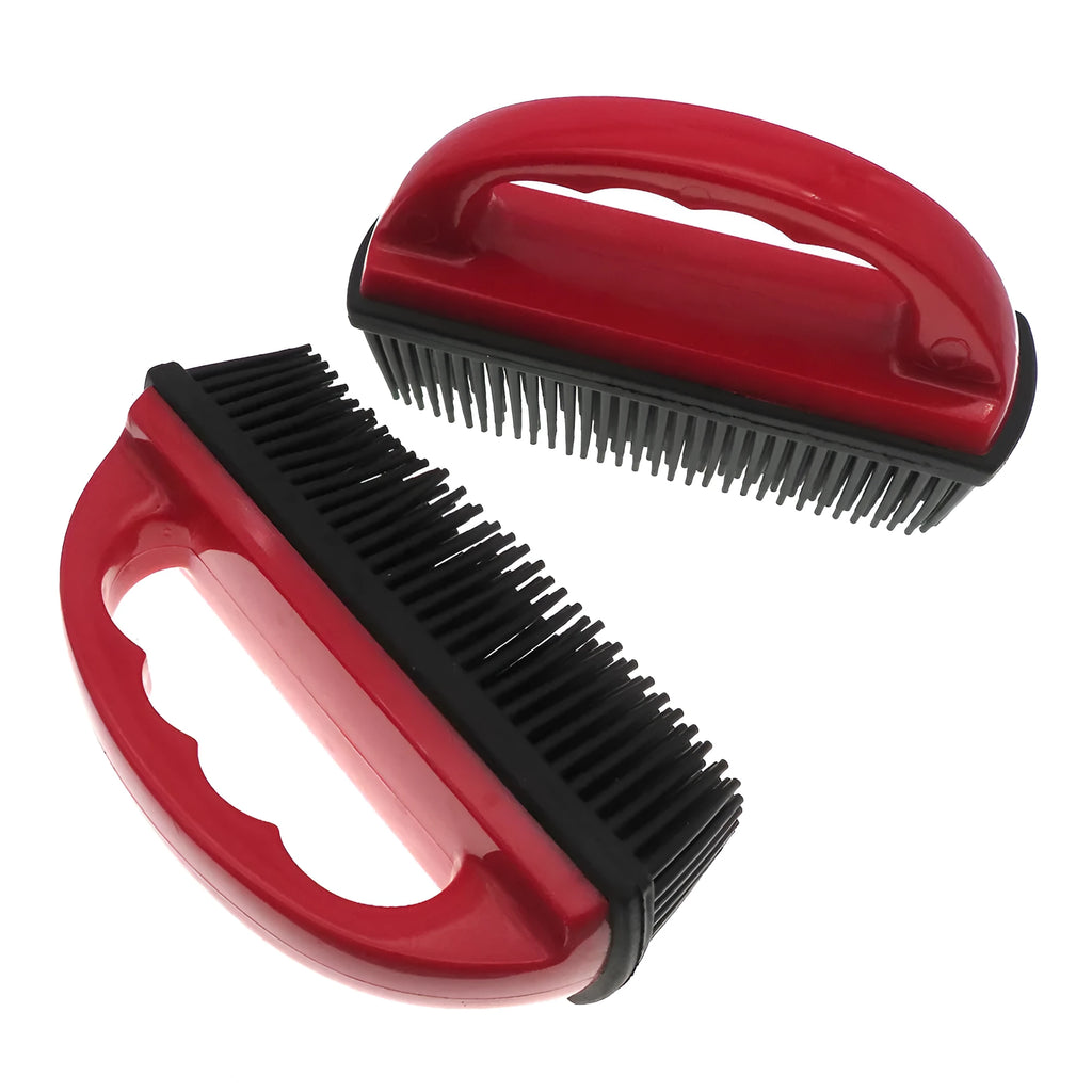 Red handheld pet hair removal brush for grooming and carpet cleaning, shown at 160mm by 85mm size.