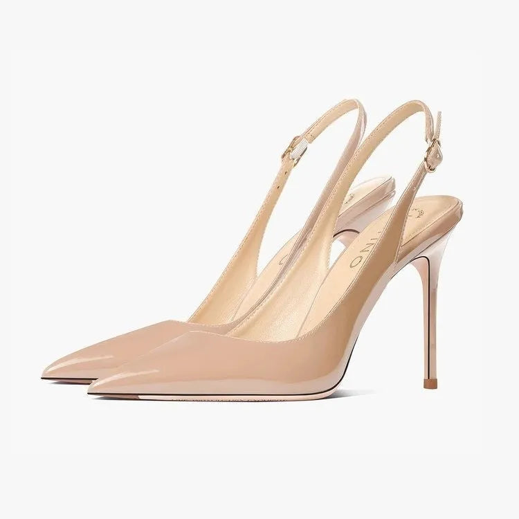 Women's nude PU leather ankle-strap high heels with hollow design and button fastening