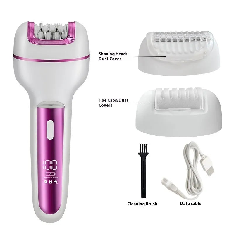 Pink three-in-one electric depilator with plucking head, shaver, foot grinder, and USB charging cable on white background