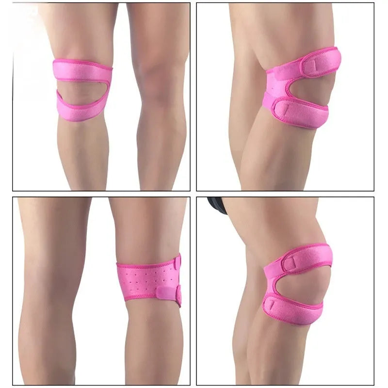 One-size-fits-all sports knee pads in black, blue, gray, and rose red for basketball and fitness.