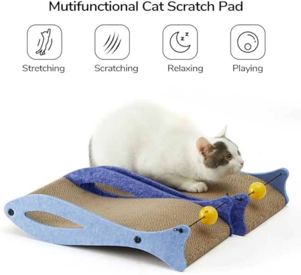 Blue fish-shaped cardboard cat scratcher lounge with a bell ball toy attached.