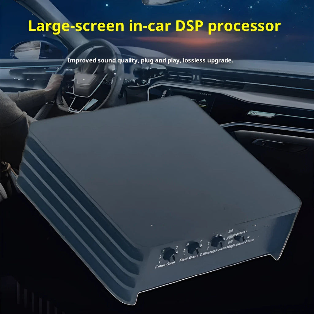 Black car DSP amplifier audio processor, 12 x 12 x 4cm, 12V, eight 75W channels, 105dB signal-to-noise ratio.