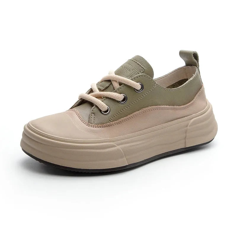 Women's leather platform sneakers in matcha green, purple and orange colours showing front lace-up design