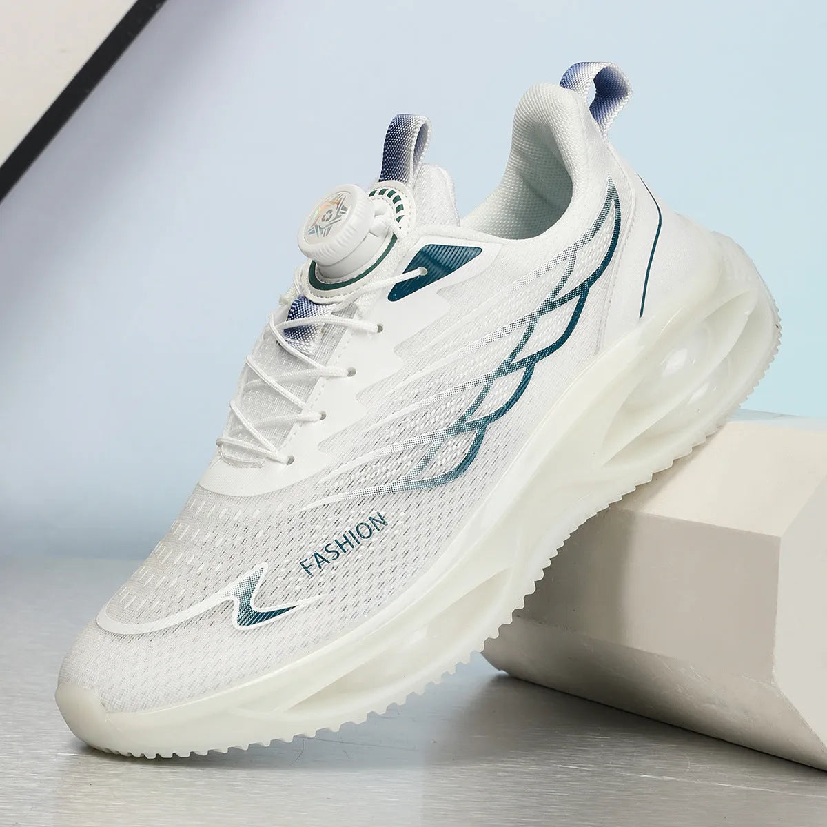 Casual breathable running shoes in sky blue with lace-up front and rubber sole