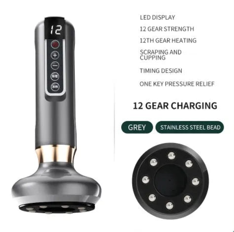 Green electric vacuum cupping massager with USB charger on a white background.