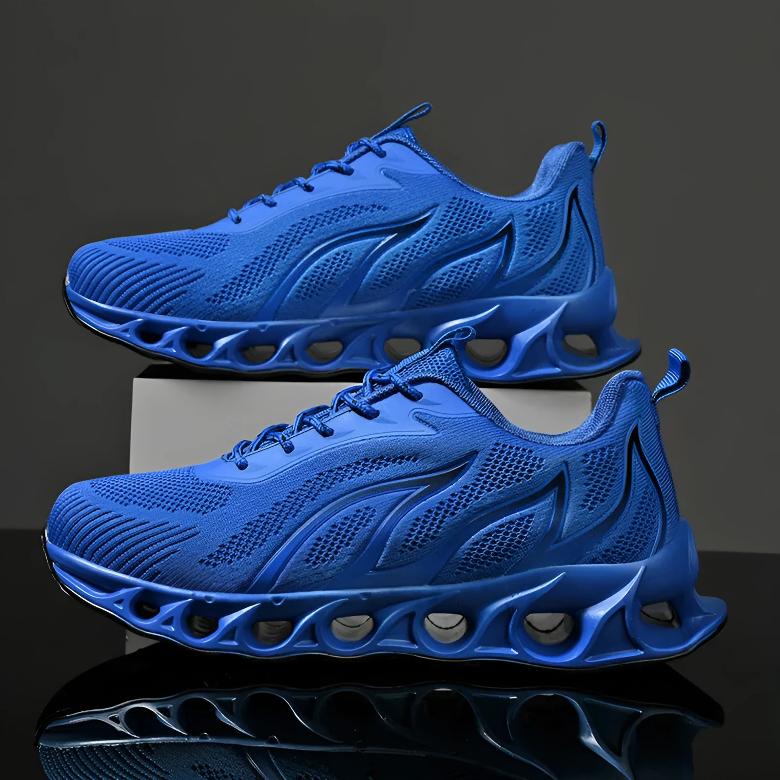 Men's blue flame pattern sports trainers with mesh upper and lace-up front