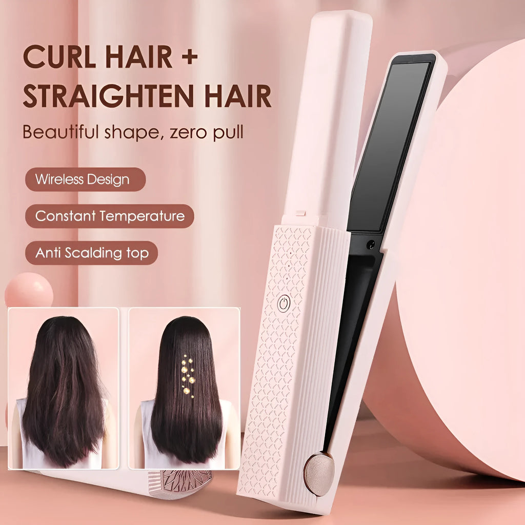 Pink and green cordless USB hair straightener with ceramic plates and digital temperature display.