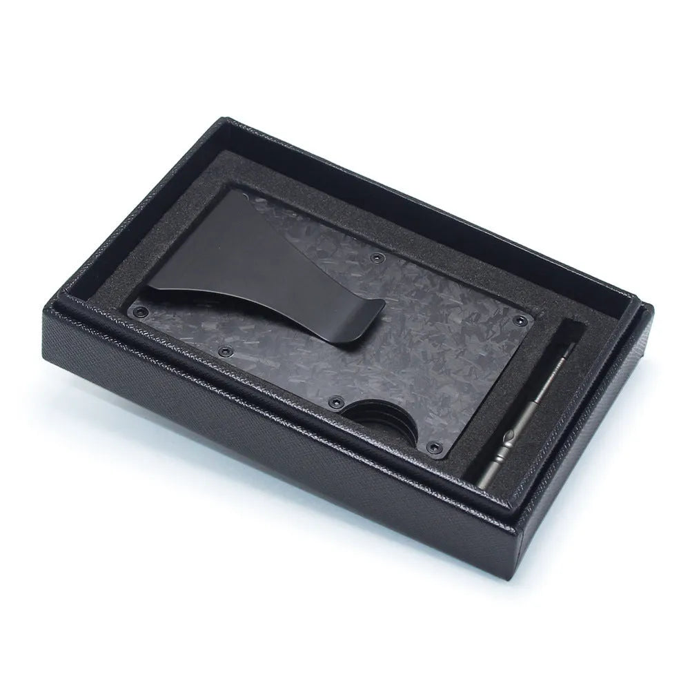 CH6600 slim geometric card holder in black carbon fibre, showing front profile and thickness.