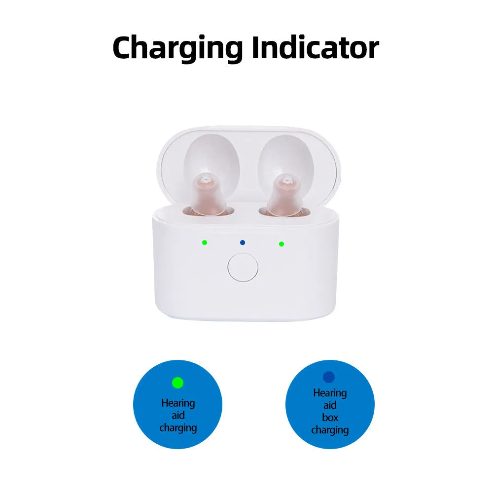Beige rechargeable behind-the-ear hearing aid with magnetic charging dock and portable case.