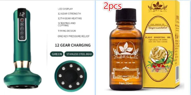 Green electric vacuum cupping massager with USB charger on a white background.