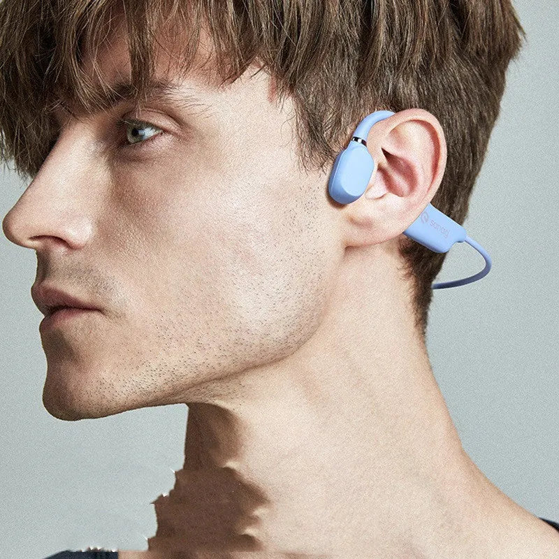 Bone conduction Bluetooth sports headset hanging around a neck, shown in multiple colour options.