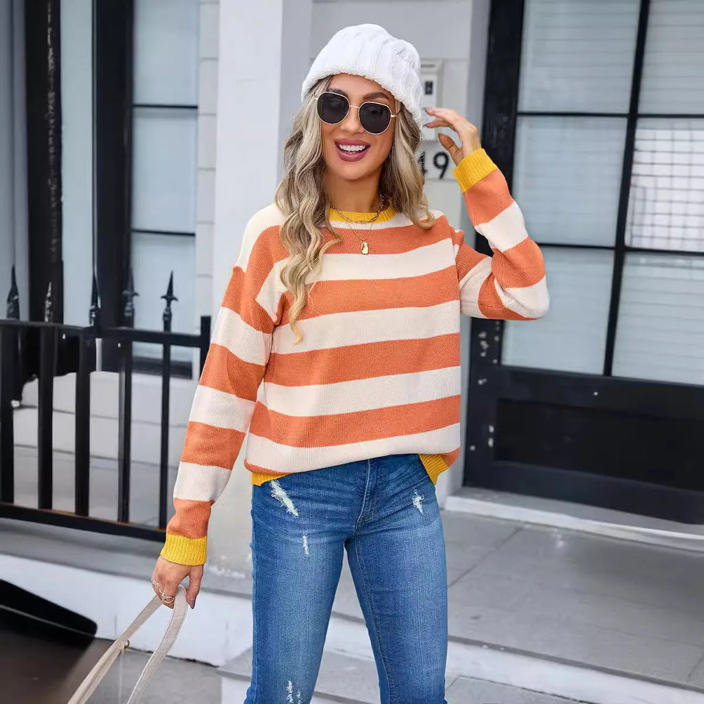 Women's blue striped acrylic loose fit long sleeve sweater with round neck