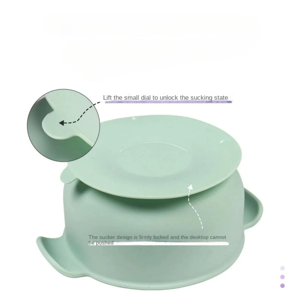 Flexible silicone pet bowl with suction cup base, shown in blue, folded flat next to a dog