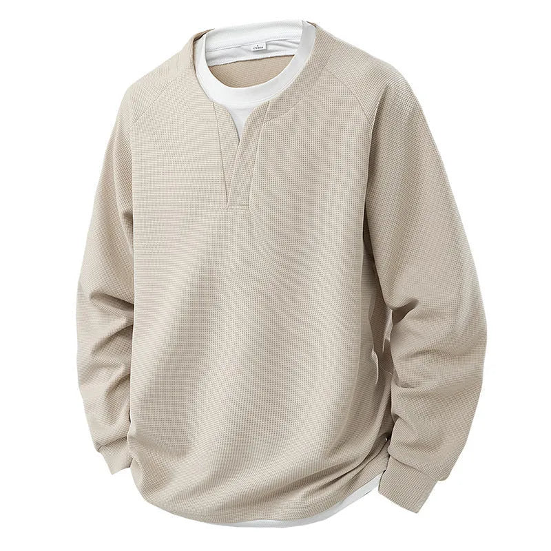 False-two-piece V-neck waffle sweater in solid colour, polyester fibre pullover top