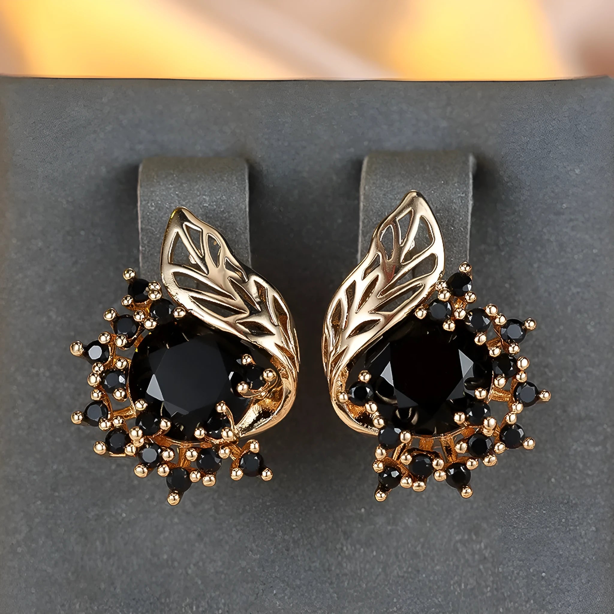 Round flower feather zircon earrings with rose gold electroplated finish and diamond accents