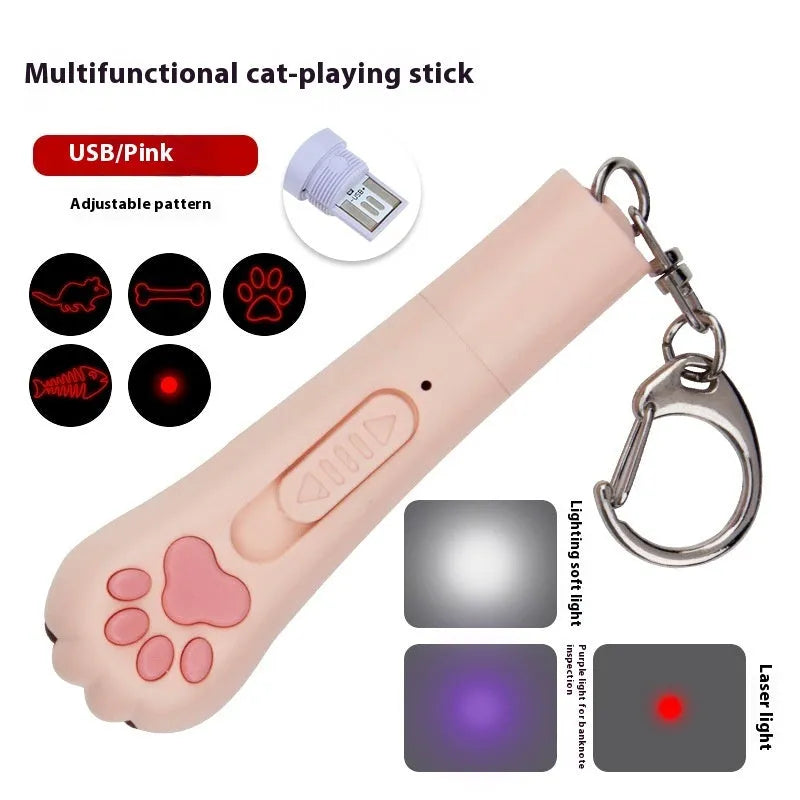 Colourful infrared cat teasing stick toy with laser patterns and LED moonlight lamp for interactive pet play
