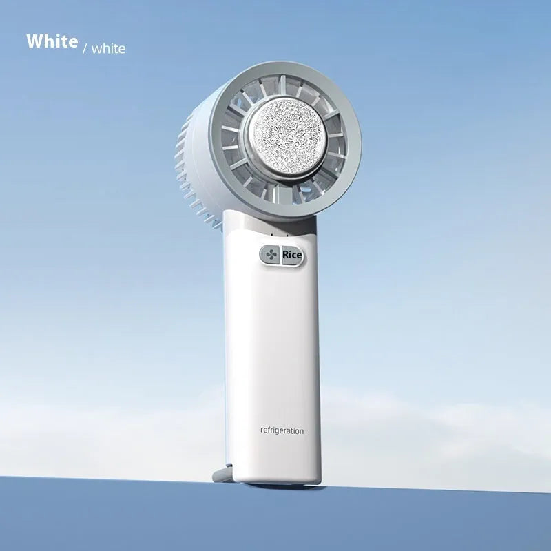 White and light blue handheld portable fan with touch controls and three blades.