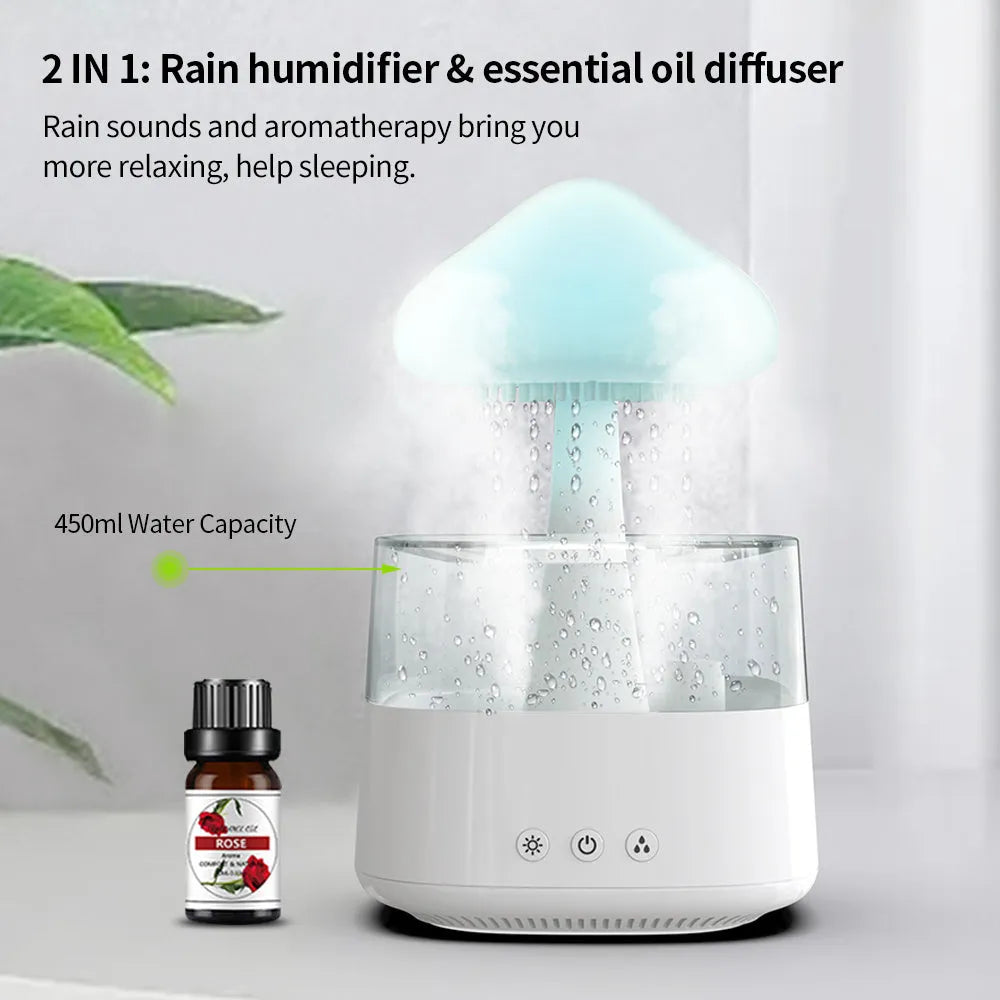 2-in-1 desk humidifier with raining cloud night light and essential oil diffuser in wood grain or white colour