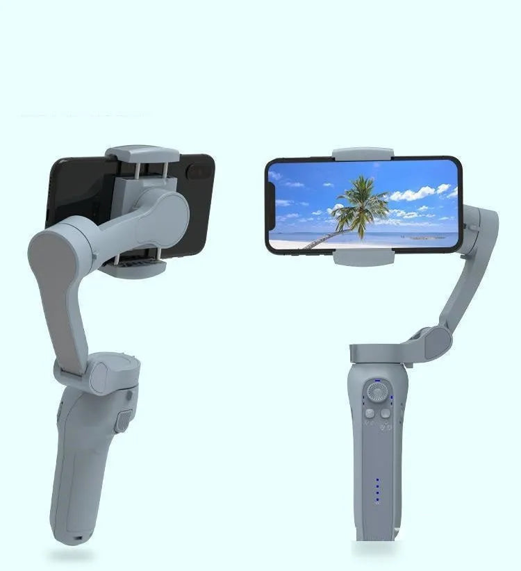 Folding three-axis mobile phone gimbal stabiliser shown in both unfolded and compact folded configurations