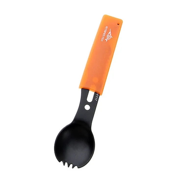 Outdoor spoon fork knife set with whistle camping tool 15.7cm stainless steel black silver