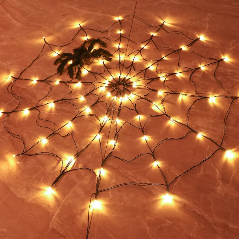 Halloween spider web light with 70 warm white LEDs, furry spider, remote control, 1m diameter, on black wire