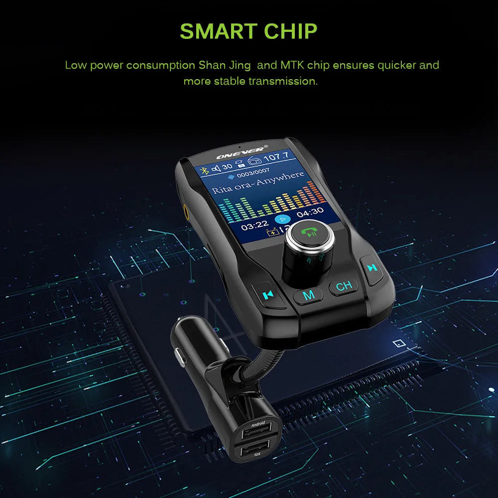 Black car FM transmitter with colour screen and flexible hose plugged into a vehicle power socket