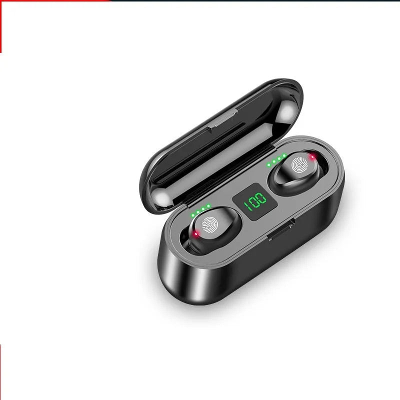Bluetooth headset binaural earbuds with LED battery display and voice control, black