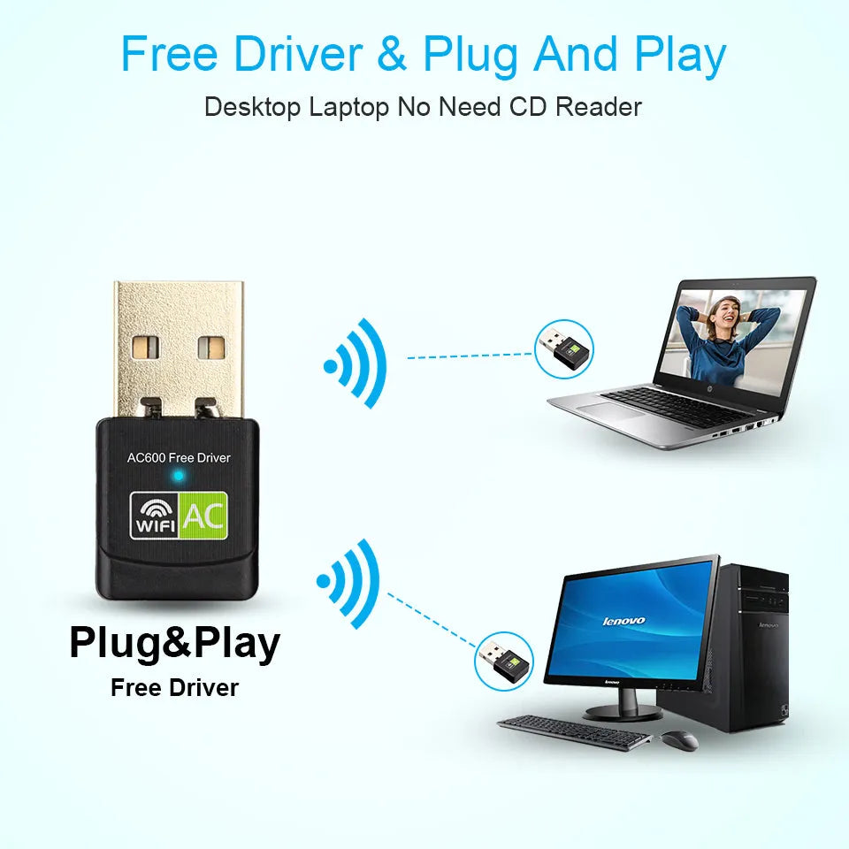 Mini dual band 600M wireless network card USB adapter black 27x14x8mm with 5GHz 2.4GHz support