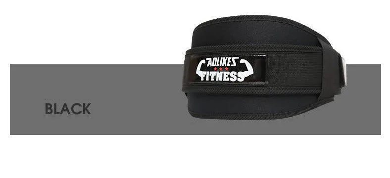 Black nylon fitness weightlifting waistband shown on an adult, adjustable and designed for support.