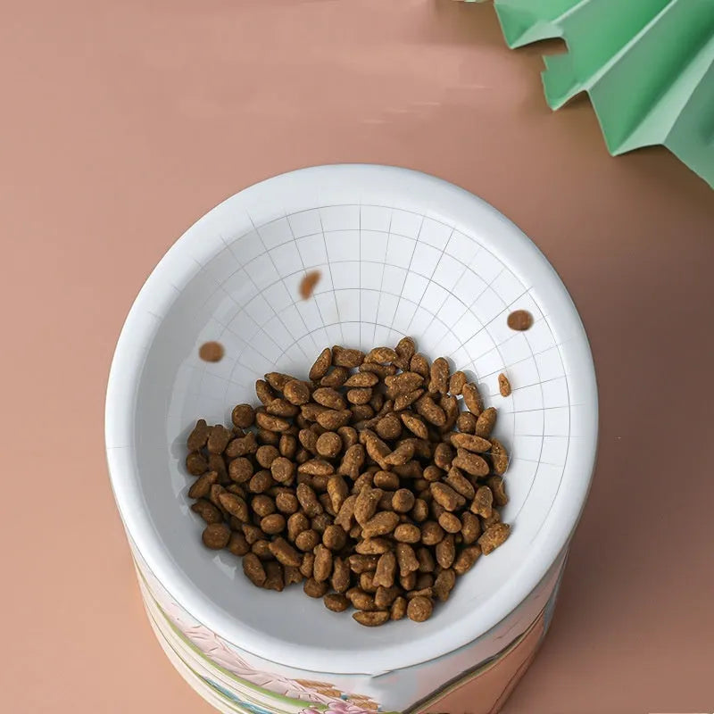 Ceramic high-leg cat bowl with double compartments and slanted mouth Chinese design