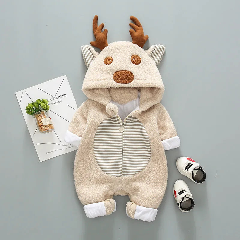 Long sleeve baby romper with lace-up strap closure in khaki, pink, or white colour.