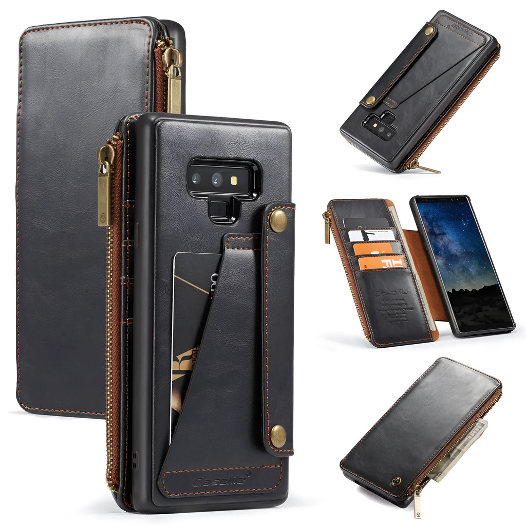 Black PU leather flip phone case open and closed, showing fit for Samsung Note9.