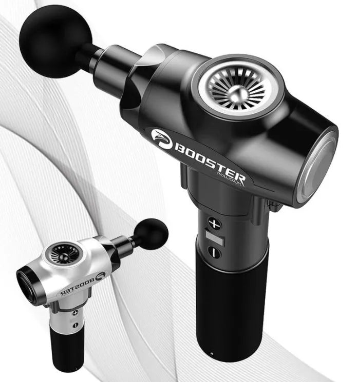 Black and white cordless massage gun with adjustable speed settings for muscle relaxation.