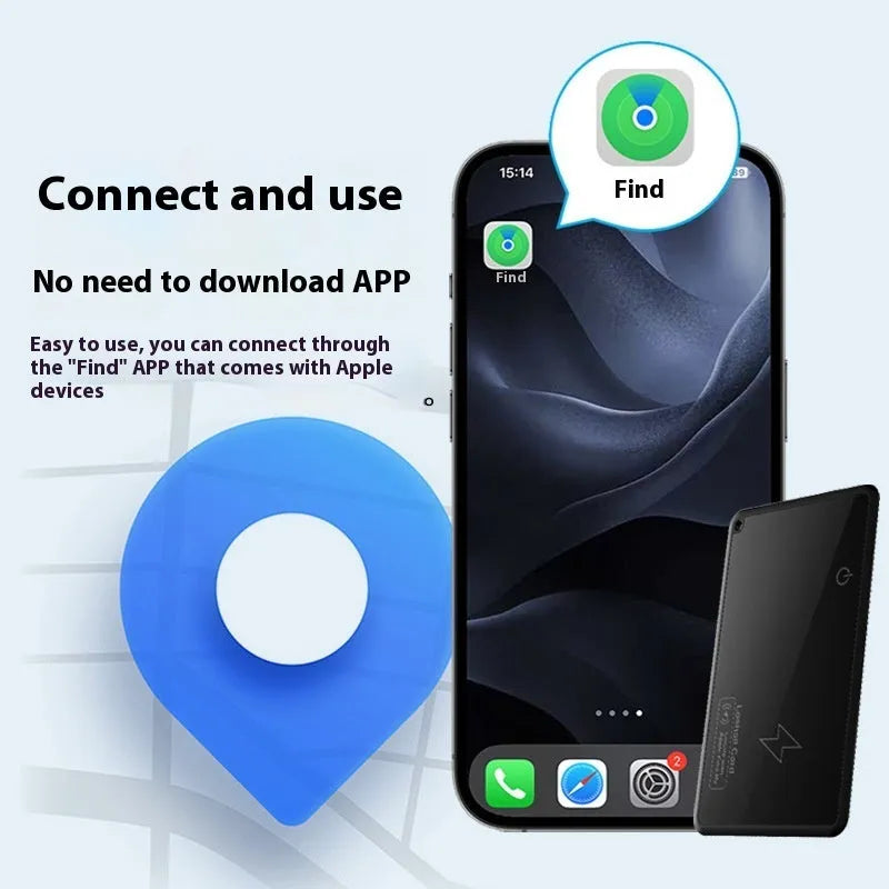 Black locator smart wallet anti-loss alarm device made of ABS material measuring 85x54x3.28mm with 200mAh battery