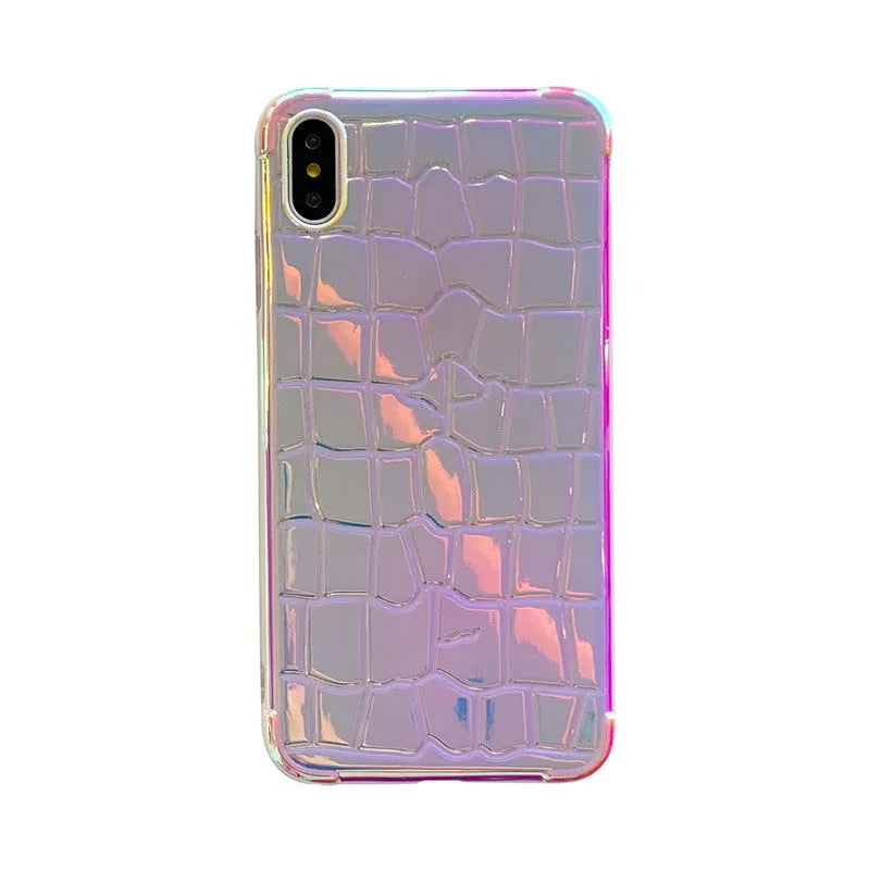 Silver glossy silicone laser phone case with textured surface for iPhone, showing lanyard hole and precise camera cutout.
