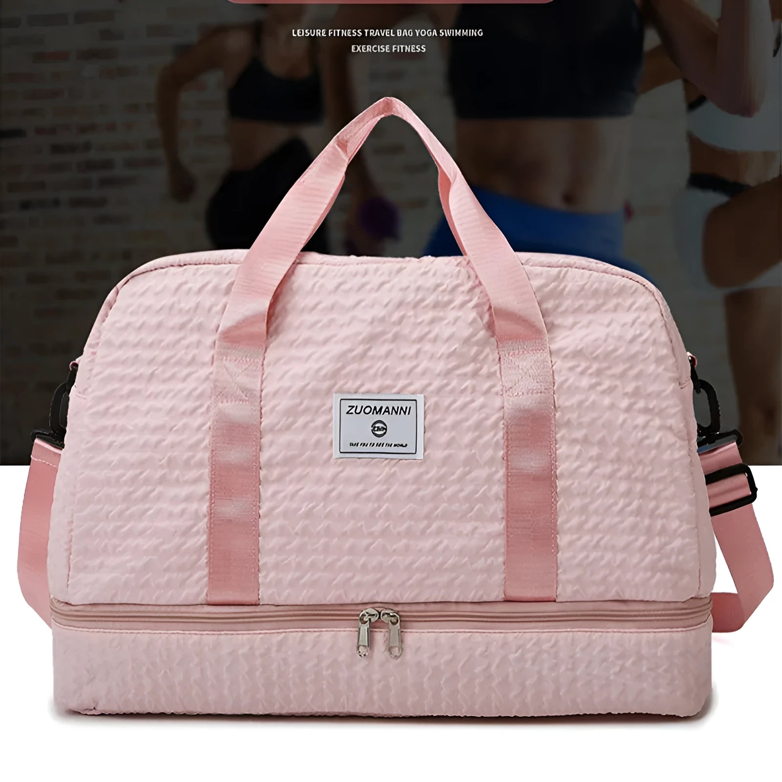 Solid colour Oxford cloth travel duffle bag with ruched design and dry wet separation, shown in a neutral colour