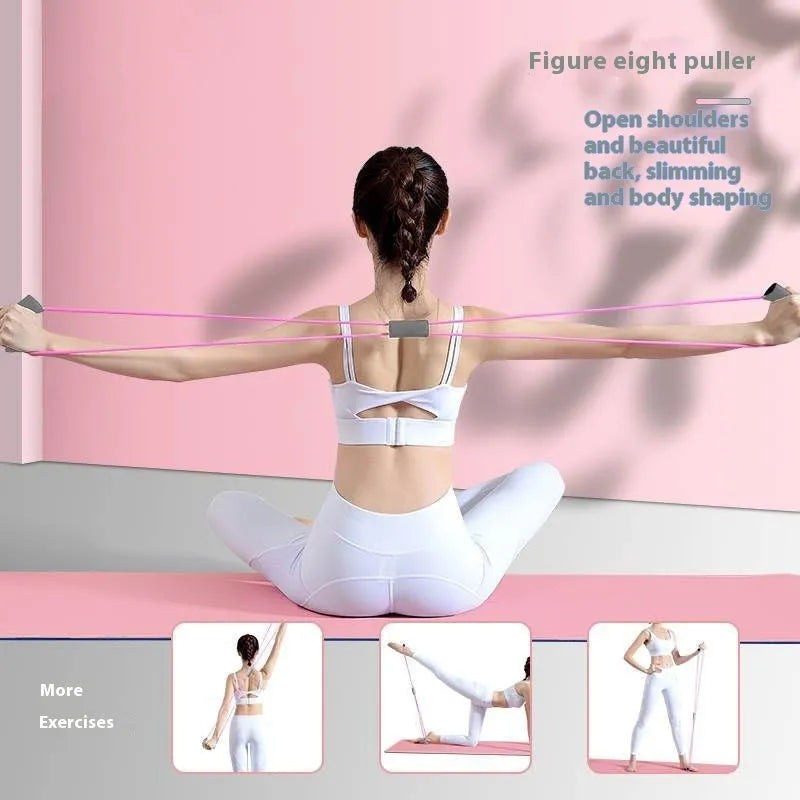 Yoga four piece fitness set showing leg stretcher, yoga ring, pedal device, and resistance ropes.