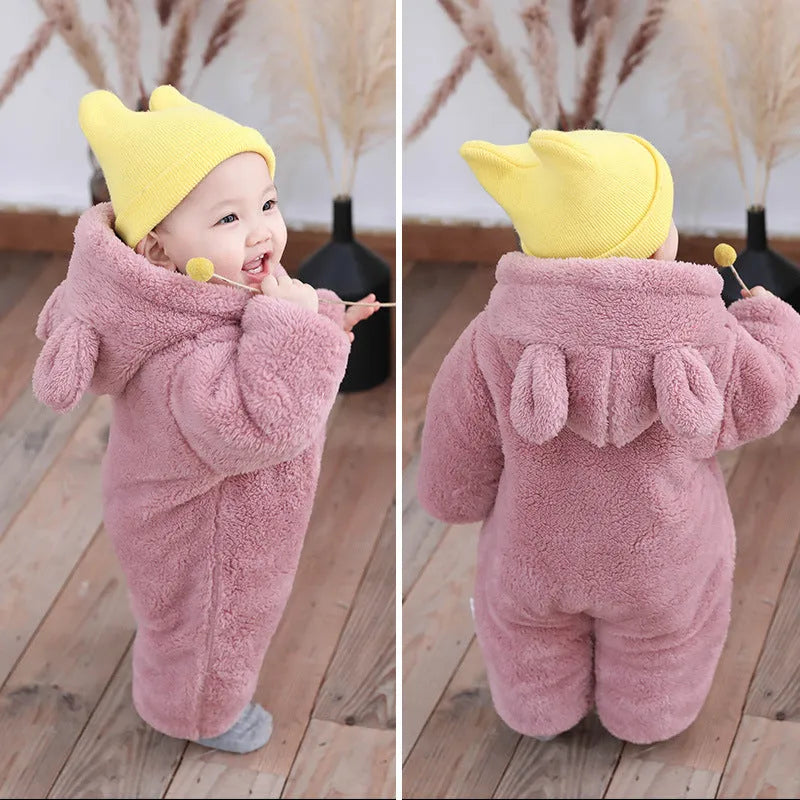 Flannel newborn baby jumpsuit with zipper in Zipper Bear Blue, suitable for 59-90cm height