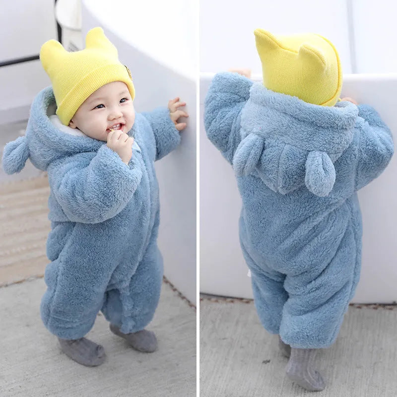 Flannel newborn baby jumpsuit with zipper in Zipper Bear Blue, suitable for 59-90cm height