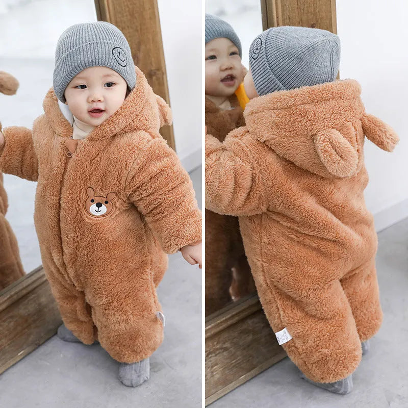 Flannel newborn baby jumpsuit with zipper in Zipper Bear Blue, suitable for 59-90cm height