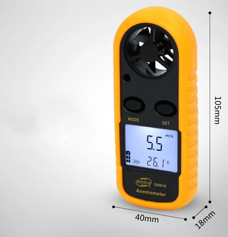 Orange digital handheld anemometer for measuring wind speed with digital display.