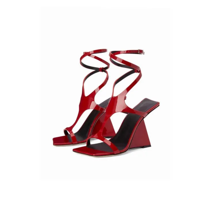 Women's black square toe high heel sandals with a button strap on a 9.5cm heel.